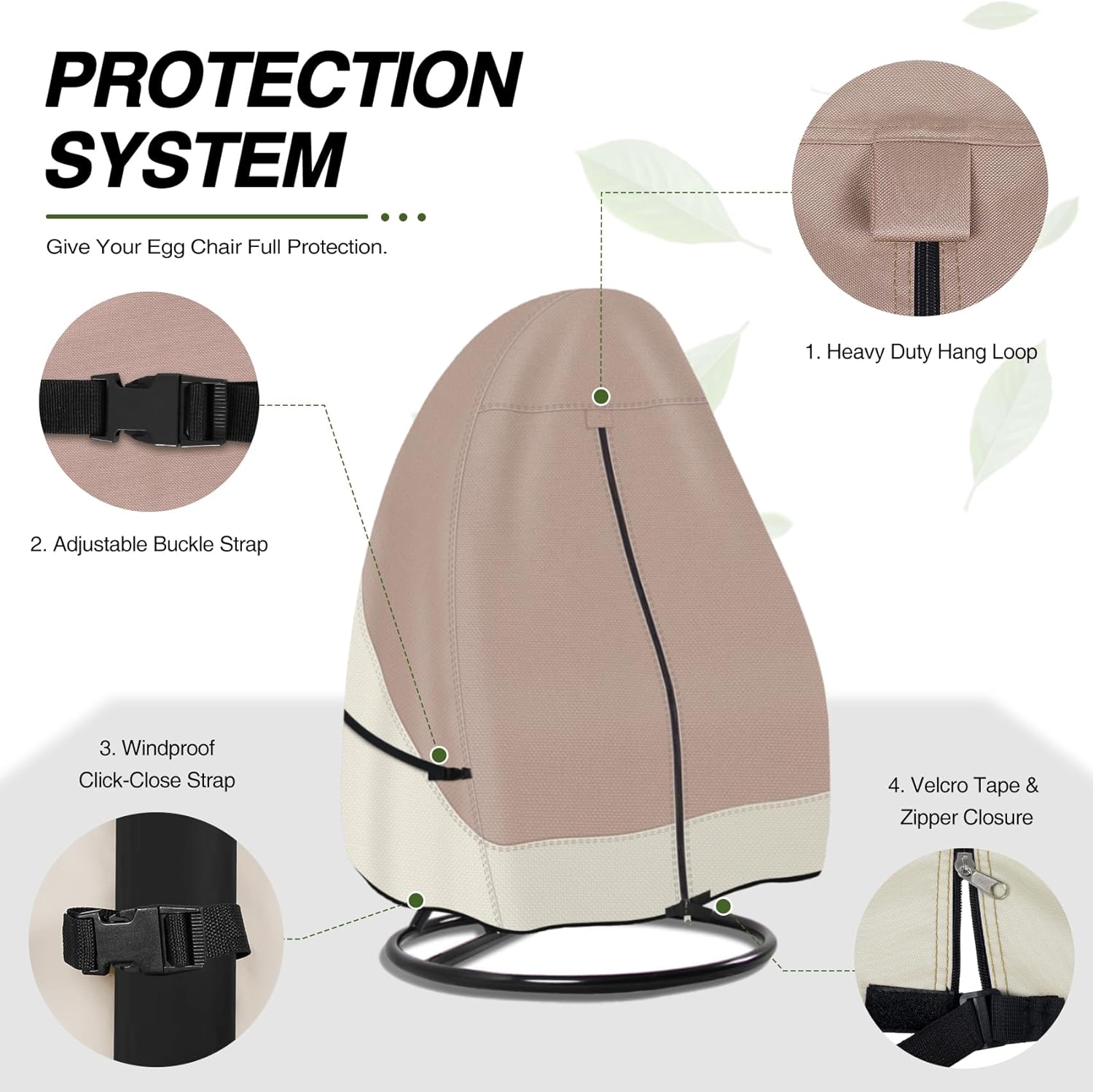 Porch Shield Patio Hanging Egg Chair Cover - 600D Waterproof Outdoor Single Seat Wicker Swing Egg Chair with Stand Protector, Light Tan & Khaki