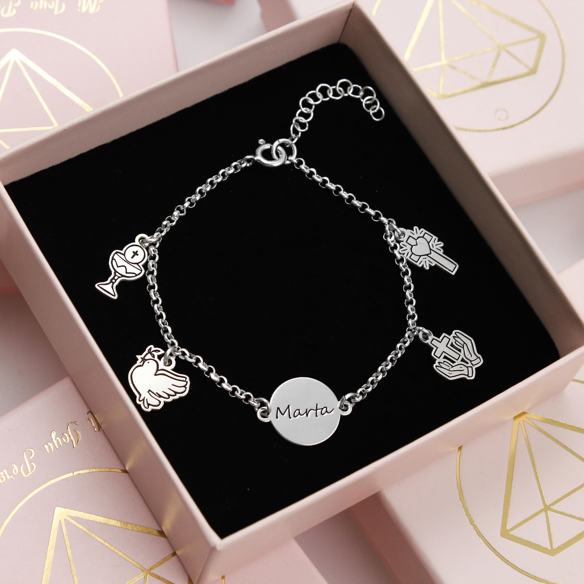 Pulsera Comunión Niña Personalizada - Brazalete con Medalla y Abalorios Religiosos de Plata de Ley