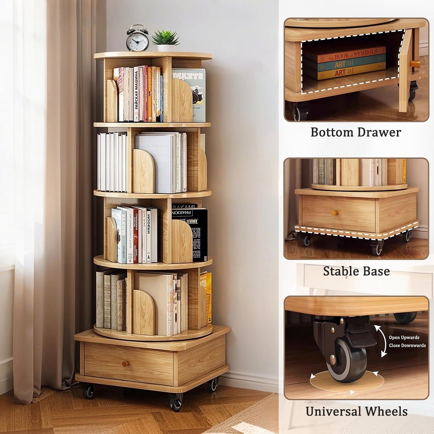 5 Tier Rotating Bookshelf Tower, 360° Revolving Bookcase with Wheels and Drawer, Round Spinning Book Shelf Kids, Small Corner Bookshelf for Living Room, Home, Office, Wood Color