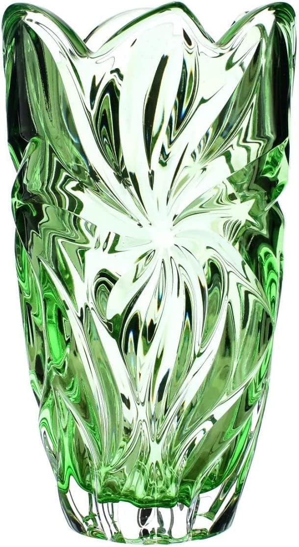 Czech Bohemian Crystal Glass Vase 11" Green ''Flora'' Vintage Design Elegant Centerpiece Flower Vase Home Decor Wedding Birthday Housewarming Anniversary