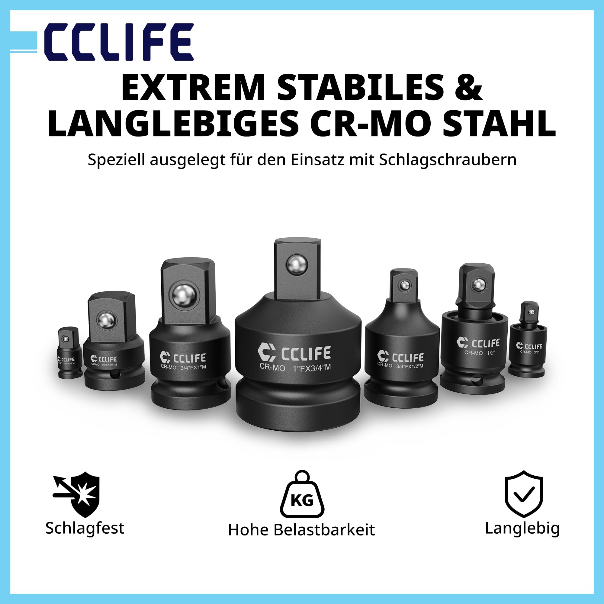 CCLIFE 11-częściowy zestaw adapterów do kluczy nasadowych Impact Cr-Mo ze stali | reduktorki 1/4", 3/8", 1/2", 3/4" do 1", uniwersalny przegub do wkrętarki udarowej, samochodów osobowych, ciężarowych