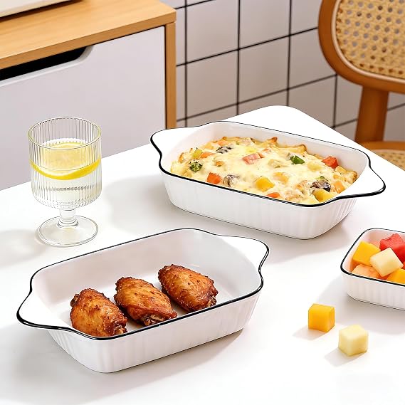 Baking Dish Set of 3, Ceramic Baking Pans Set with Double Handle | 20.7 x 14.5 CM Bakeware, Pie Dishes, Rectangular Oven Pans for Lasagna, Kitchen, Wedding Gift, Family Dinner, Daily Use