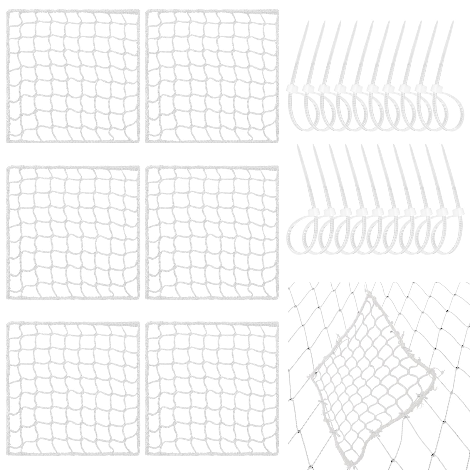 GliCraft 6 Pcs Universal Sports Net Repair Kits with 100 Pcs Zip Ties Golf Goal Nylon Netting Hole Replacement Patch for Baseball Batting Cages Soccer Football Hockey(12 x 12 Inch,White)
