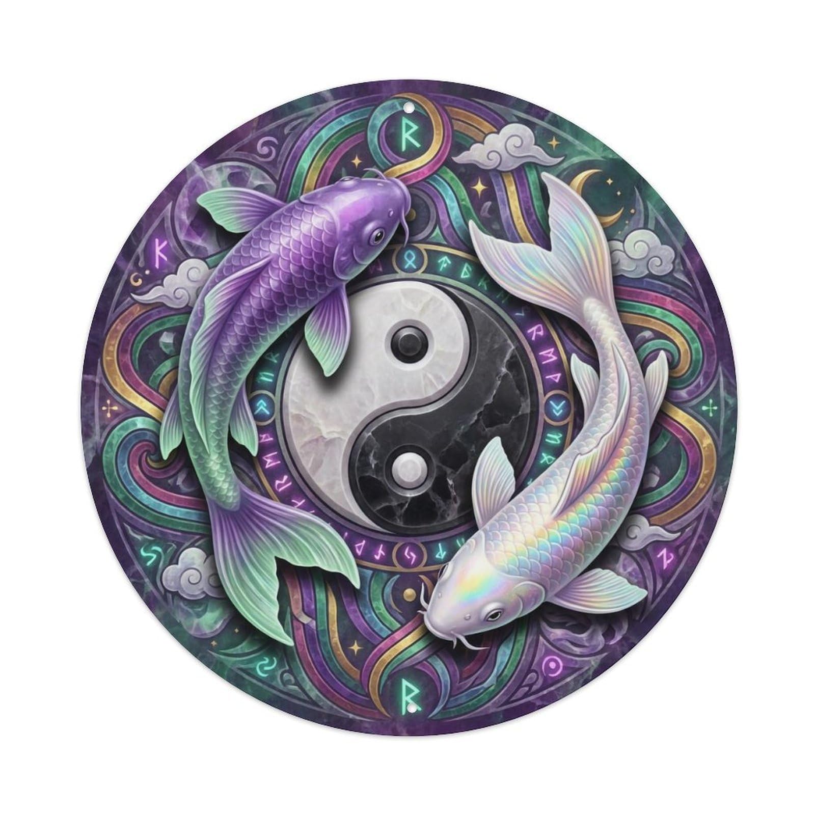 TaiChi Koi Fish Fluorite Purple Green Stone Rainbow Mystical Metal Tin Sign