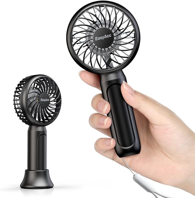 EasyAcc Mini Handheld Fan, 3-18H Portable Personal Pocket Fan 4 Speeds with Lanyard and Detachable Base Cooling Desk Fan for Kids Elderly Women for Travel and Home Black