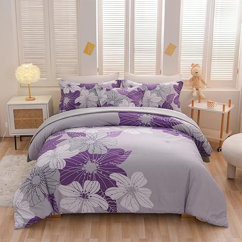 Miniatura 2 de Holawakaka Juego de edredón floral Queen de 6 piezas, cama en una bolsa, flores moradas impresas en gris, juego de ropa de cama botánica de