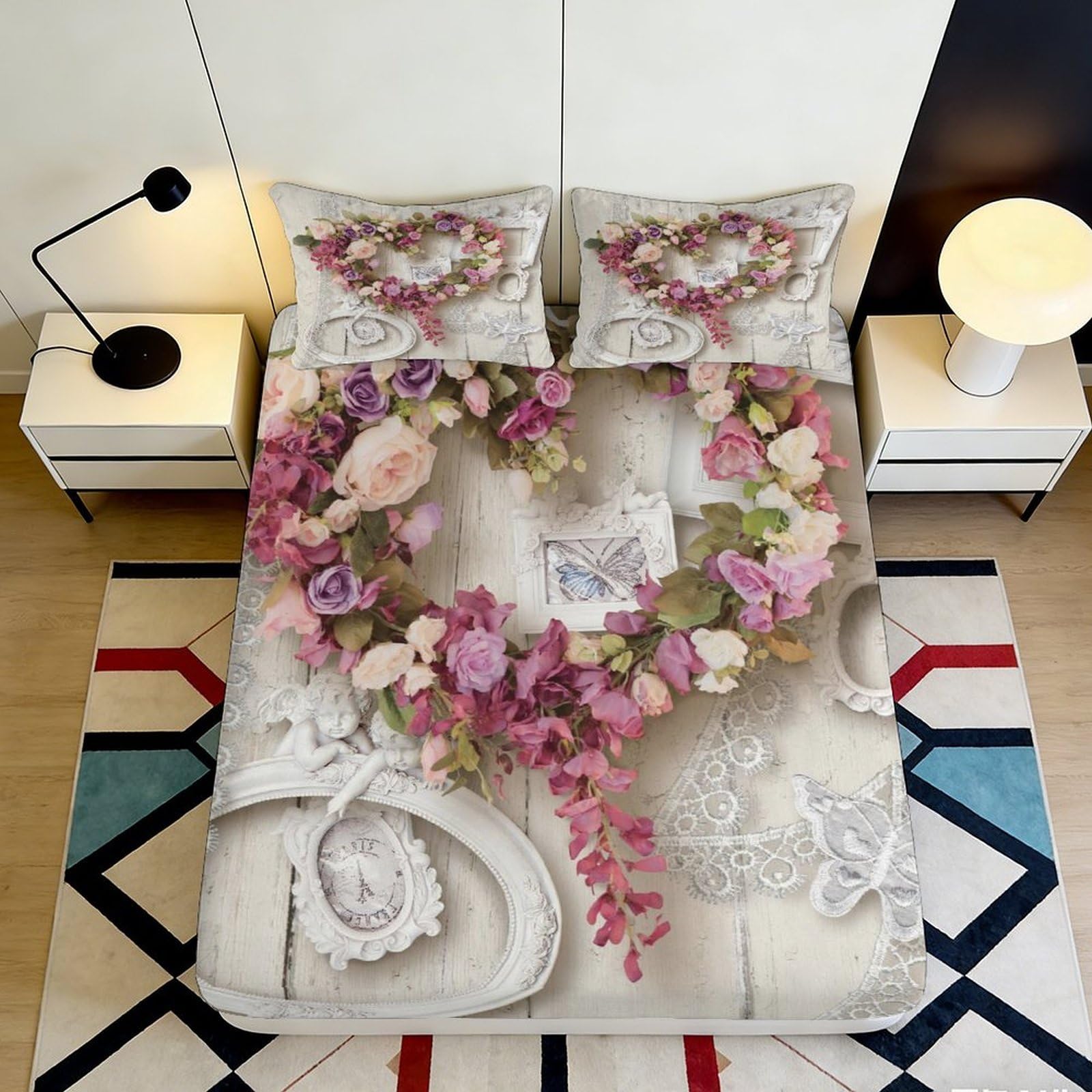 Jqzkxnhpbr Style-10 3D Printed Floral Heart Fitted Sheet Microfiber Soft Pink Rose Wreath Bed Cover For Bedroom Guest Mattress Decor 90X200x25cm