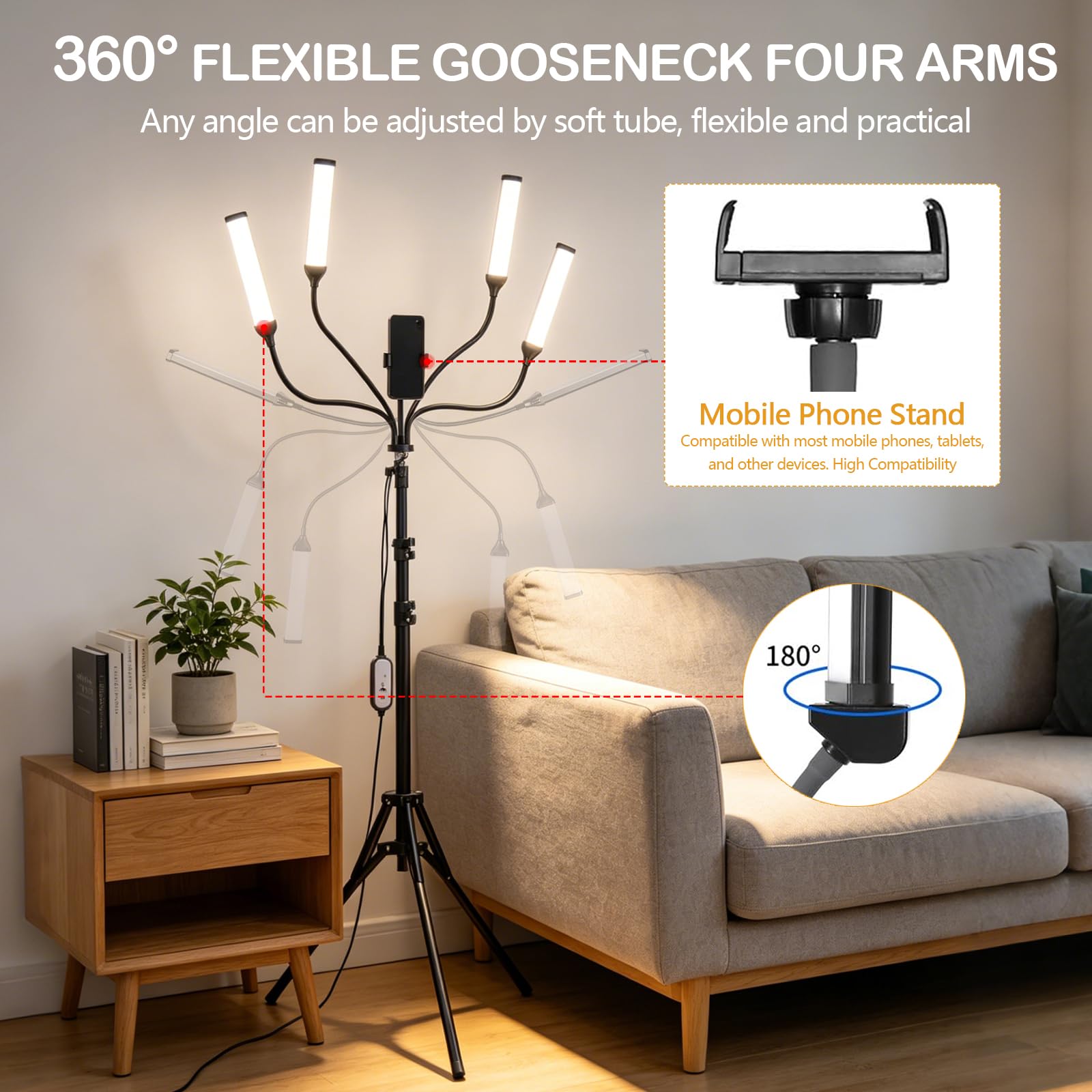 Lampada Video Dimmerabile LED, Quattro Bracci Lampada Estetista con Treppiede e Supporto per Telefono per Luce Truccatore, Lampada per Ciglia, Live Bellezza, Tatuaggio, Riprese Studio