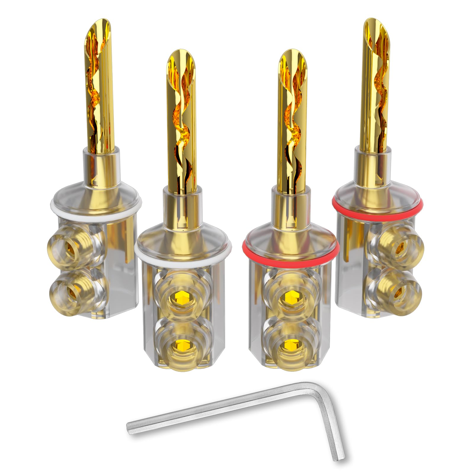 Preffair 24K Gold Plated BFA Locking Banana Plugs with Hex Wrench for Speaker Wires, High Fidelity Transparent Z-Shaped Dual Screw Connector Terminals, 4 Pieces