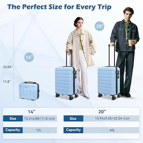 Miniatura 9 de AnyZip Maleta, equipaje de mano de 20 pulgadas, mini estuches de cosméticos de 14 pulgadas, juegos de equipaje, PC rígido, ABS, maleta USB ligera
