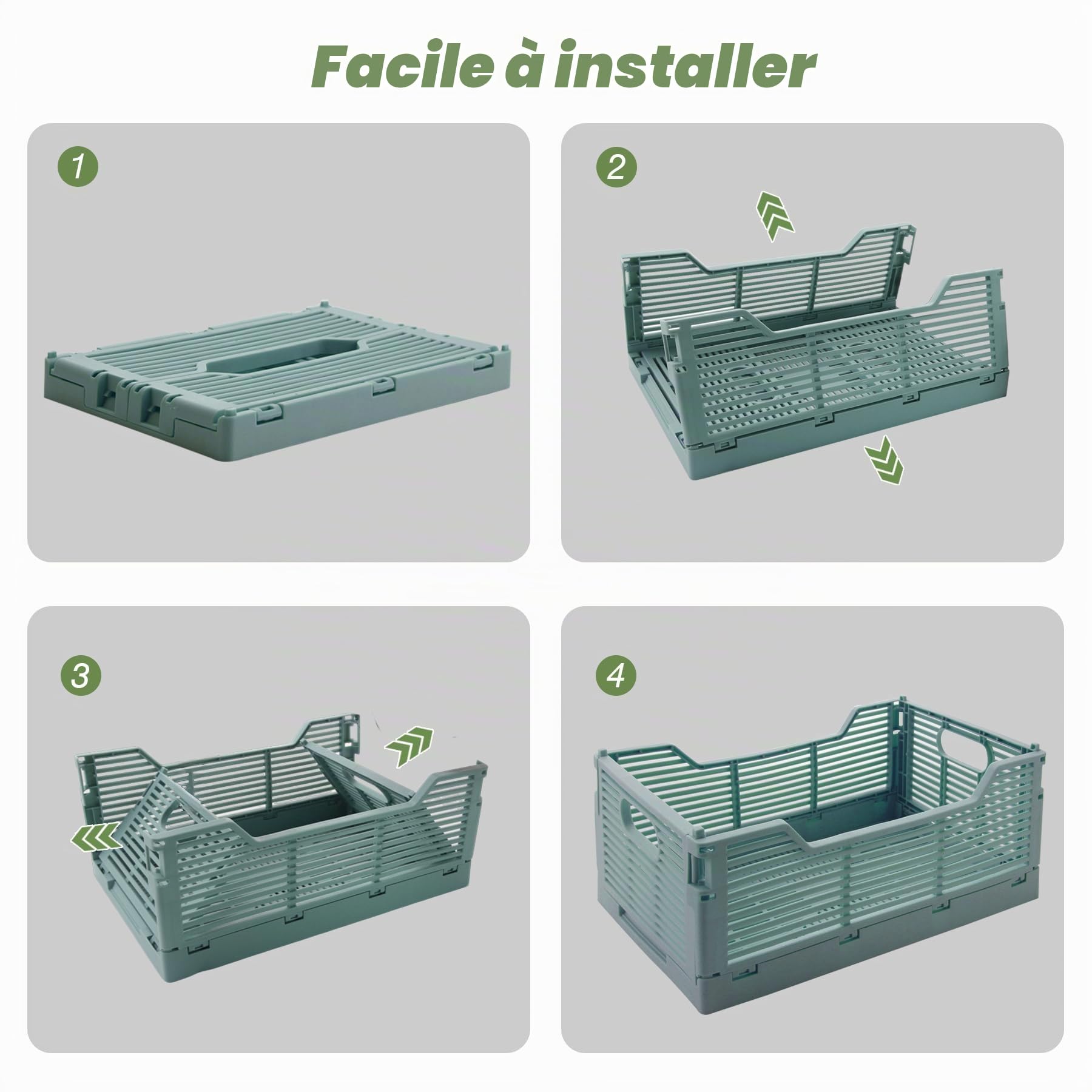 Lot de 2 boîtes de rangement pliables en plastique empilables pour la maison, la salle de classe, le bureau, la cuisine, la chambre à coucher (40 x 30 x 15,5 cm, gris)