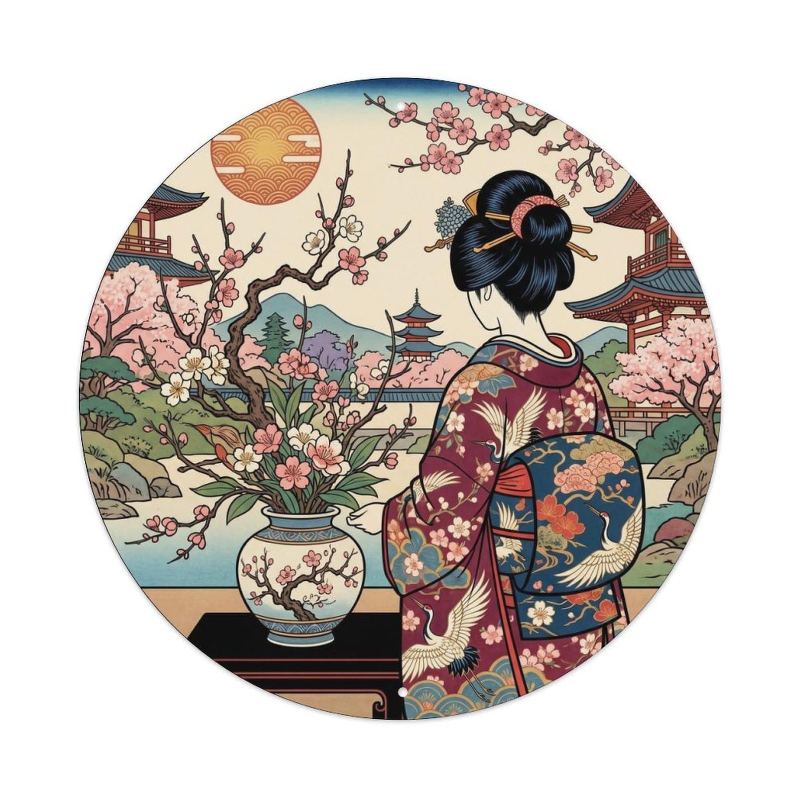 Fqnyr Style Metal Tin Sign Japanese Geisha Admiring Flower Vase Arrangement