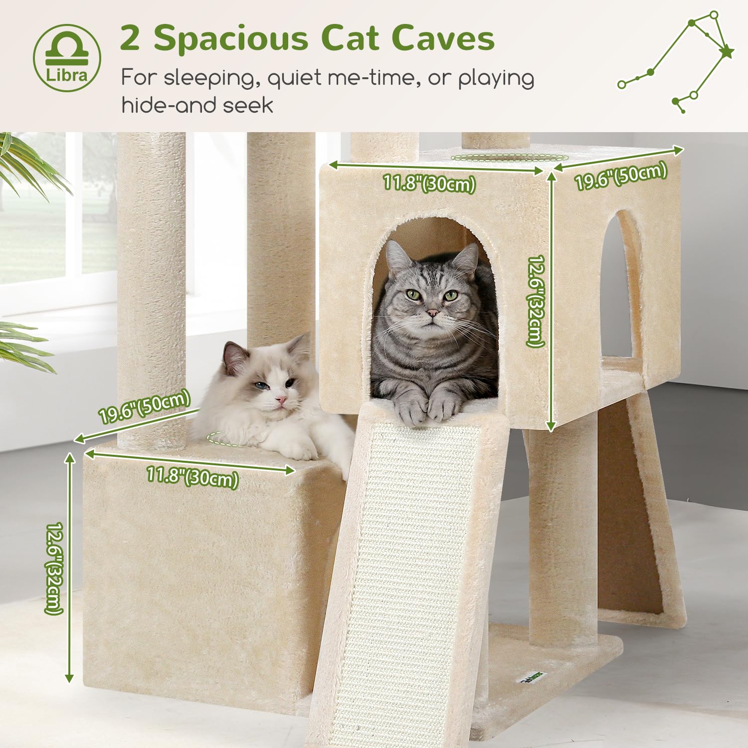 Globlazer Árbol Rascador Beige XXL Alto 200 cm con 2 Grandes Nidos, 2 Grande Plataformas, 2 Tabla Rascar Sisal, 2 Cesta, Estable Árbol Torre para Grande Gato 3-5 Adulto Gatos Más de 7 kg (Z78, Beige)