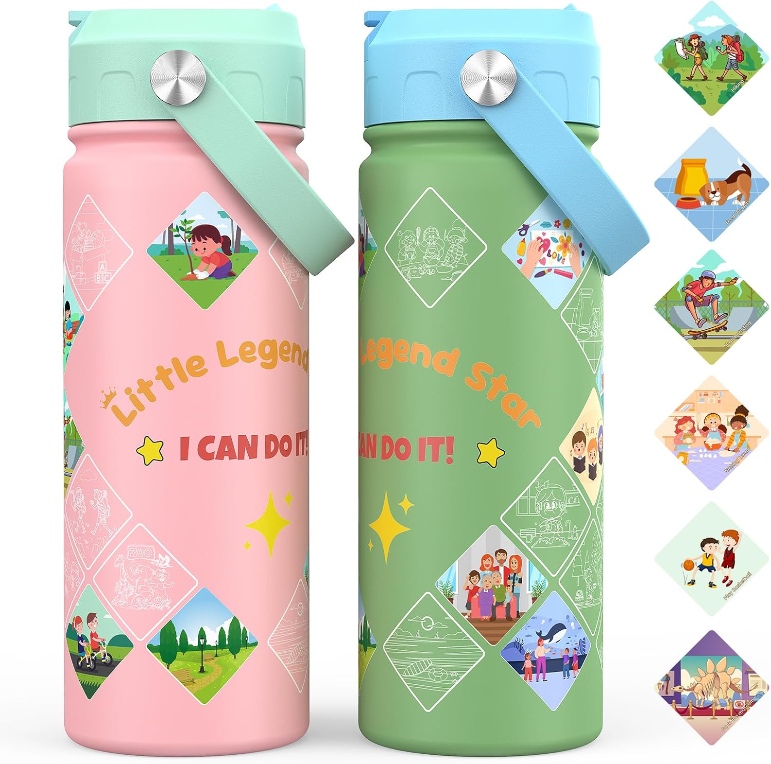 Kids Achievements Water Bottle with Reward Stickers, 18oz Vacuum Double Insulated Cup with Straw, 316 Stainless Steel Bottles for School, Gift for Boy(2 Pack, Pink and Green)