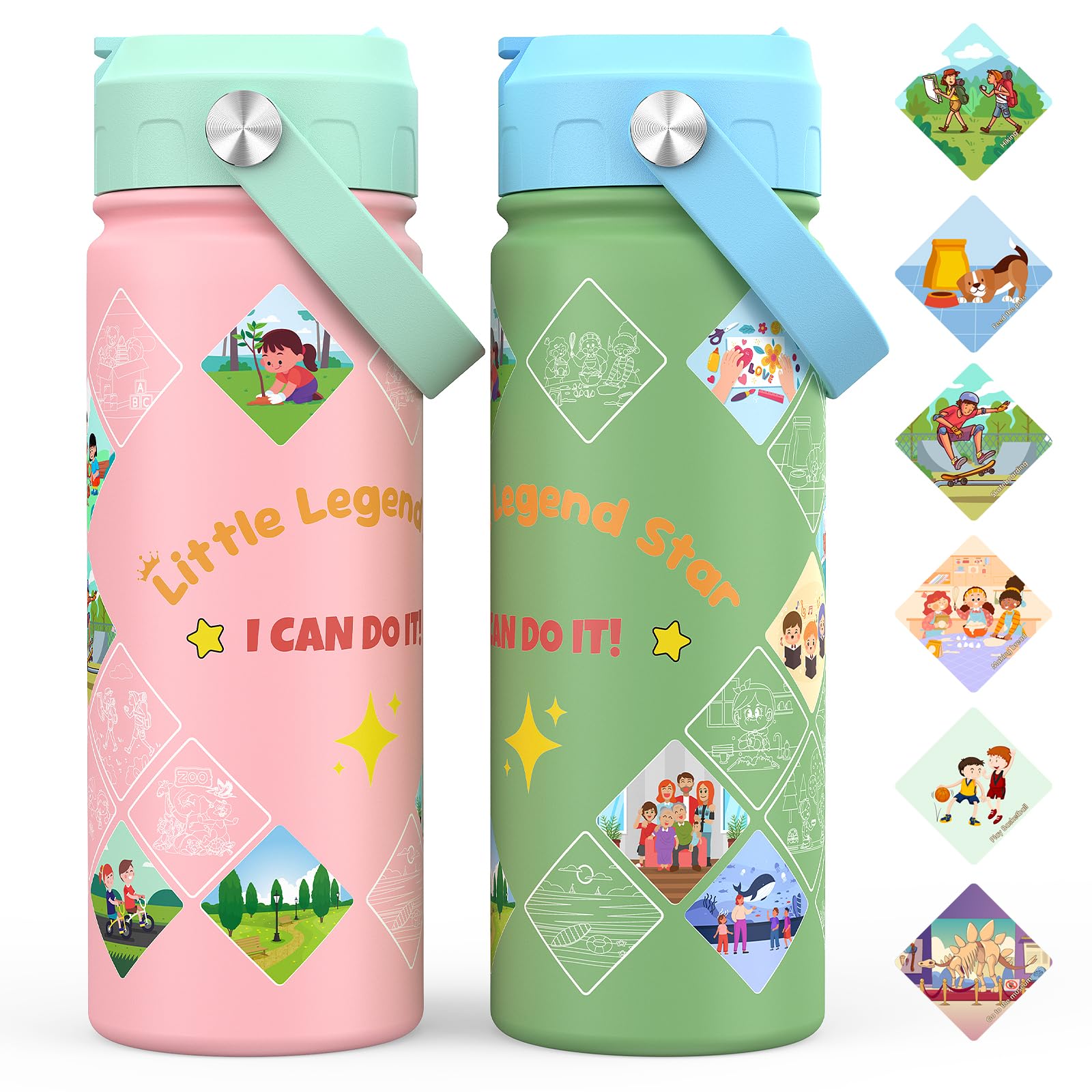 Kids Water Bottle with Stickers 18oz Vacuum Double Insulated Cup with Straw 316 Stainless Steel Bottles for School