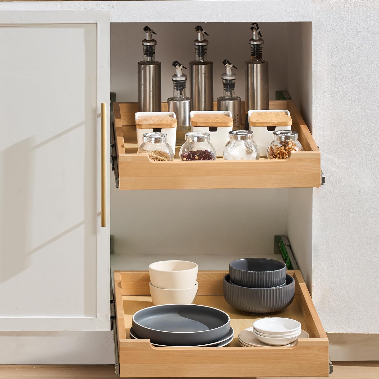 vevor pull out cabinet organizer, 17"w x 21"d cabinet drawer, soft close slide out shelf, heavy-duty sliding wood drawer, bottom mount size 17.5"w x 23"d and side mount size 18"w x 23"d