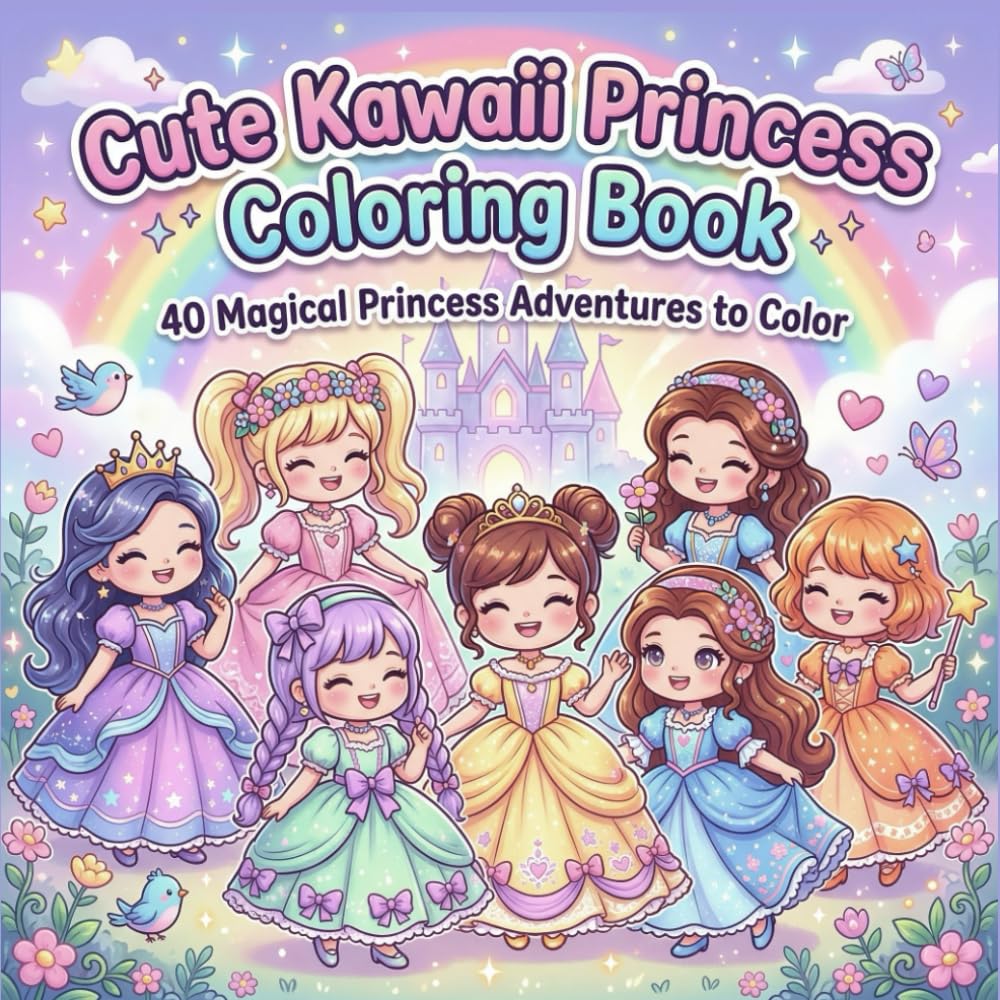 Cute Kawaii Princess Coloring Book for Kids and Adults: 40 Magical Princess Adventures to Color | Relaxing & Easy Fantasy Coloring Pages for Girls, Teens & Adults
