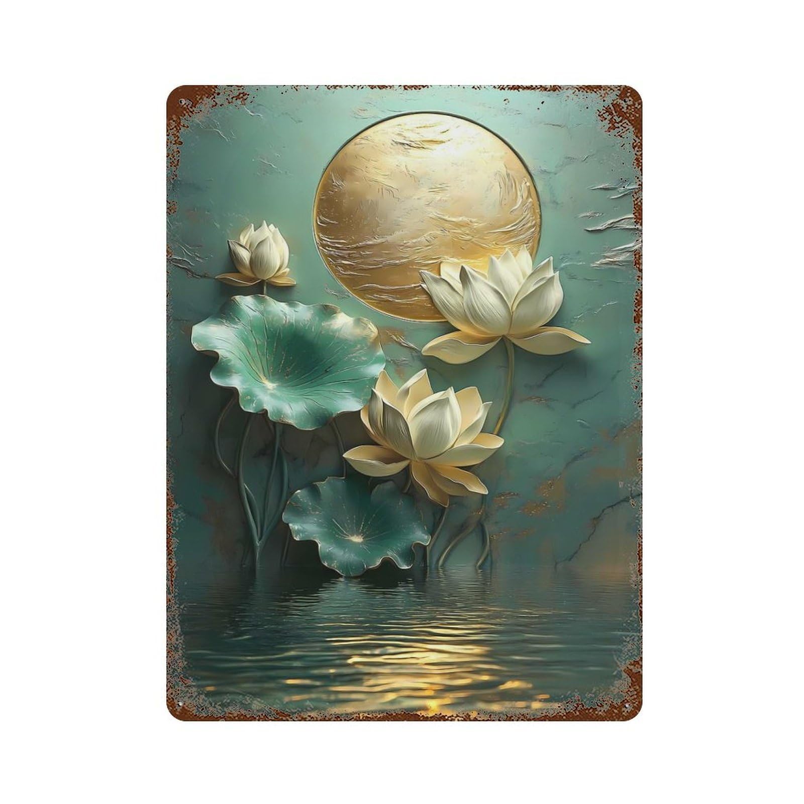 Lotus Flower Japanese Moon Wall Art Rust Effect Tin Sign 15.7"x11.8", Old School Wall Decor for Farmhouse, Kitchen And Entryway Decor