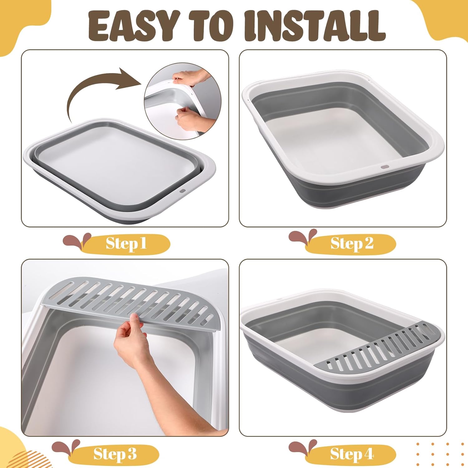 Abbylike 6 Pcs Collapsible Kitten Litter Box Kit 1 Large 20.7 x 15.8 x 5.5 Inch Foldable Shallow Cats Toilet Low Entrance Open Cat Potty Pan with Scoop 2 Stainless Steel Cat Bowl 2 Garbage Bag, Gray