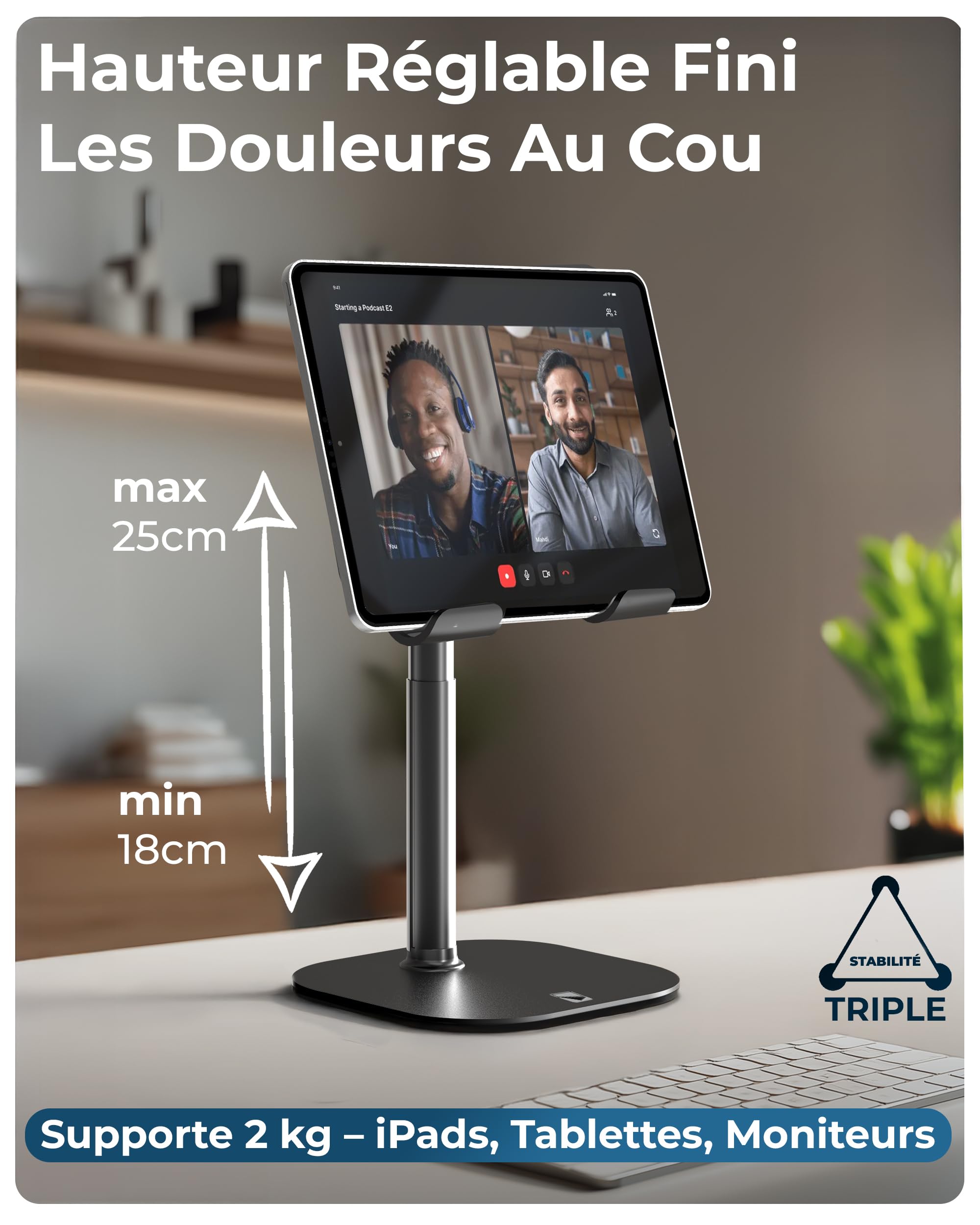 COOPER TabHolder, Support Tablette réglable 18-25 cm, Support iPad Bureau Premium, inclinable 270° pour moniteurs 15,6-17", Compatible iPad, Kindle, Surface, Samsung Galaxy Tab - Noir Nuit