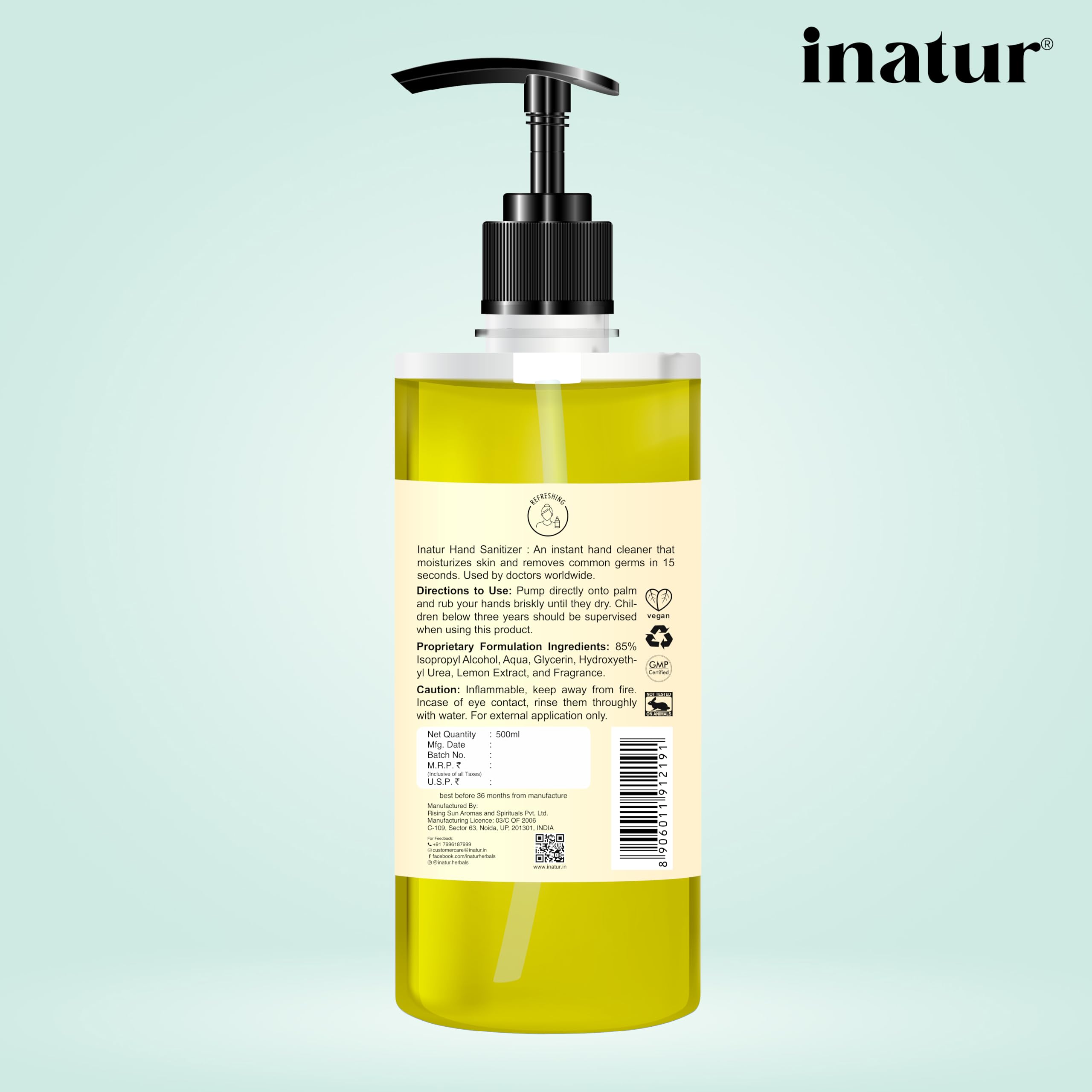 inatur Refreshing Hand Sanitizer Gel | Enriched with Lemon Extract & Aloe Vera | Gentle on Skin | Alcohol-Based Protection | Gel Hand Sanitizer 500ml for Effective Hygiene & Germ-Free Hands 3