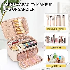 OCHEAL Makeup Bag, Multifunctional Make Up Bags Large Compact Makeup Bag Organizer Cosmetics Toiletry Brushes Storage Case for Women Girls Makeup Case with Handle Divider- Beige
