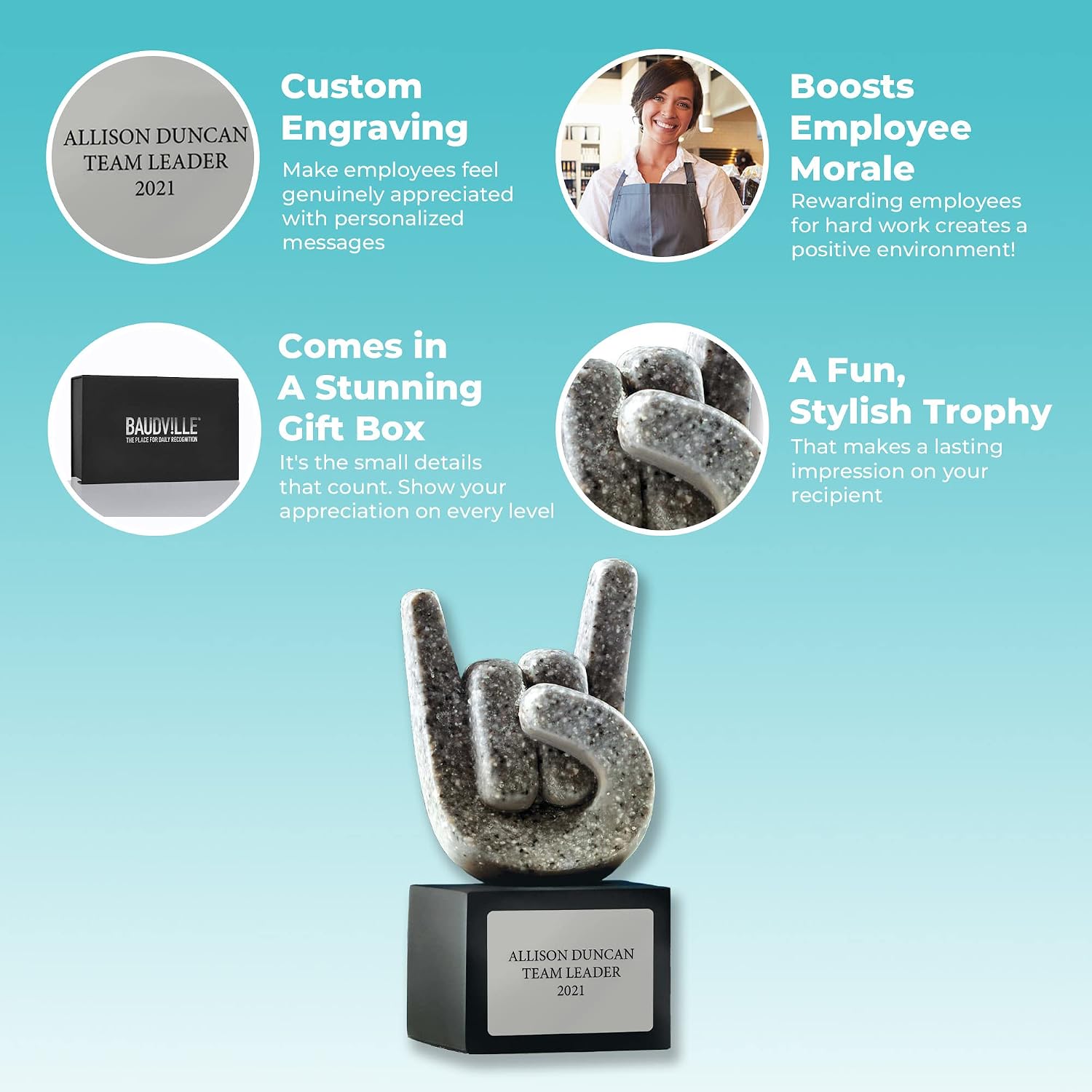 Baudville Custom Engraved Rock Star Trophy Award - Carved Gray Stone on Black Resin Base - Comes with Elegant Black Gift Box