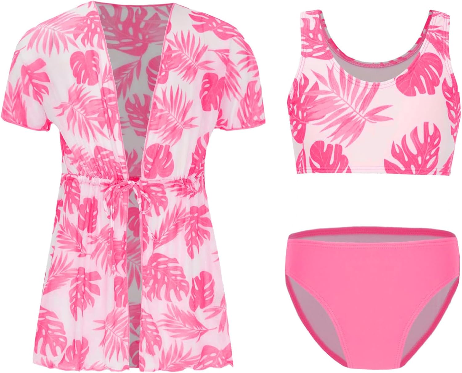 Kids Girls Cover Up Outfit Tankini Swimsuit Short Sleeve Coverup Dress with Bikini Bathing Suit