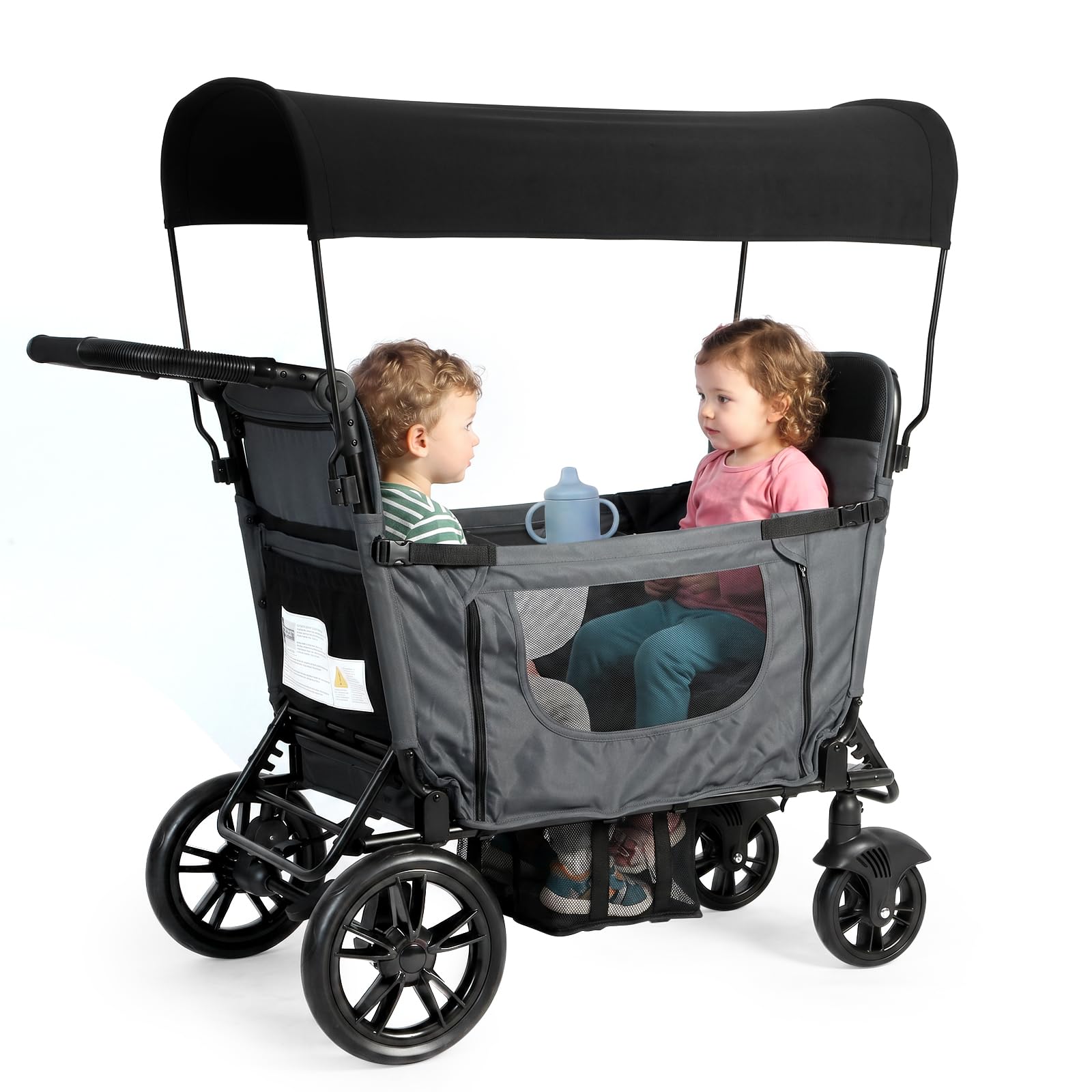 SACOOL Carrello per 2 bambini, pieghevole, grigio scuro, convertibile da sedile a letto, maniglia regolabile in 8 posizioni, tettuccio parasole, vassoio, cintura a 5 punti, ruote in poliuretano con