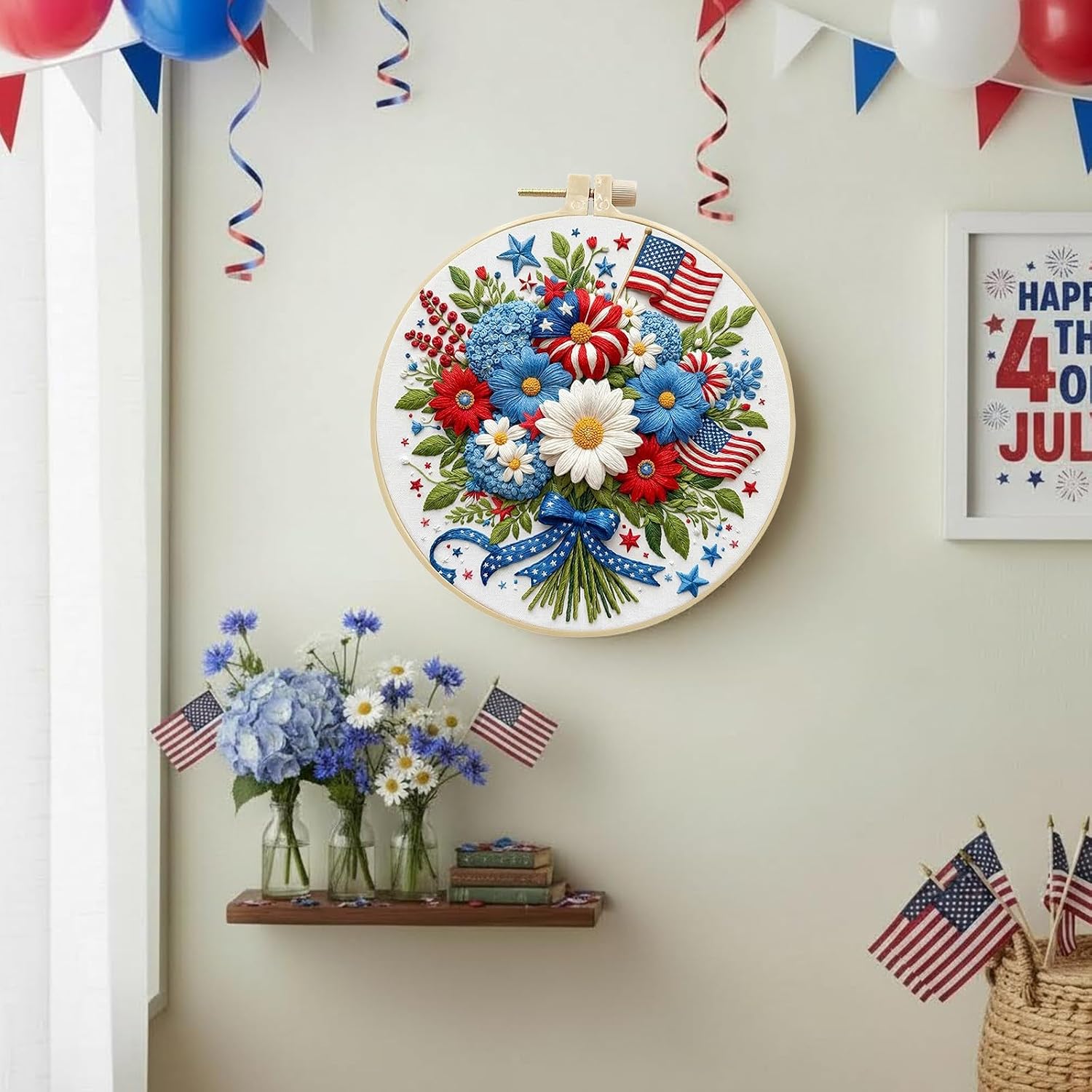 ARTopet Embroidery Kit for Beginners Cross Stitch Kits Independence Day Needlepoint Set for Craft Lover Hand Stitch with Threads 7.87in Hoop Fabric-Bouquet