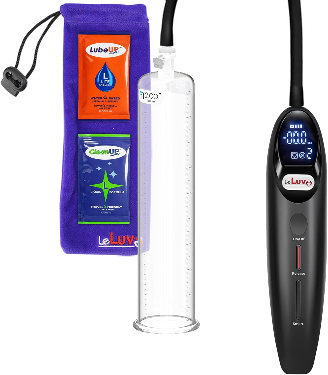 LeLuv Magna Rechargeable Electric Penis Pump - Premium 9" x 2.00" Round Diameter Flange Acrylic Cylinder with LCD Smart Display - Handheld Male Vacuum Pump with Swift-Disconnect Function, Black