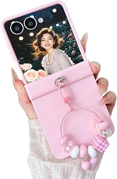Cute Bracelet Case for Samsung Galaxy Z Flip7, Slim Frosted Hard PC Shockproof Hinged Full Body Cover with Wrist Strap Keychain Women Girls for Galaxy Z Flip 7 - FGL Pink