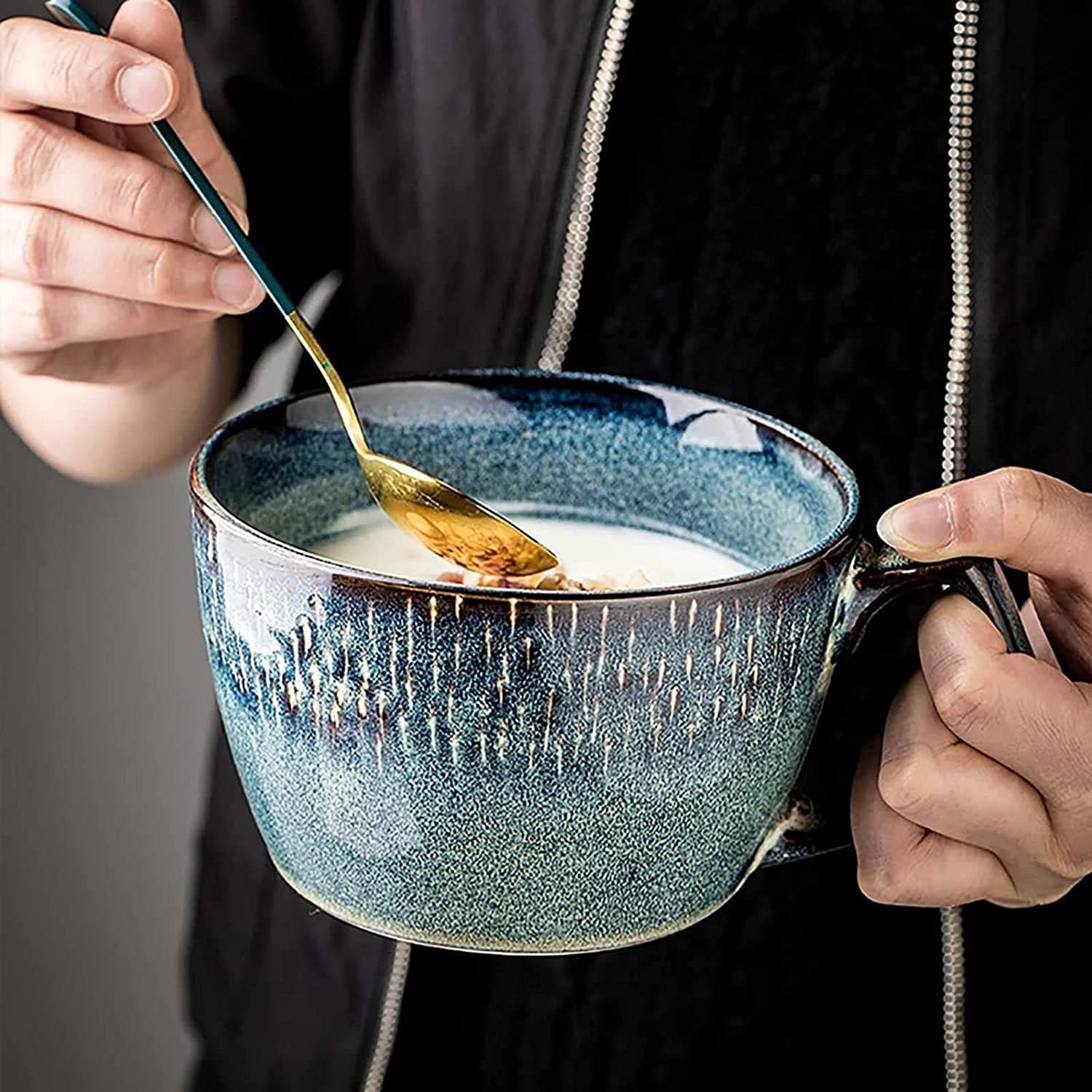 Uchwyt kubka na zupę Miska na zupę Ceramiczna miska na płatki owsiane, 23 uncje, z uchwytem, ​​do zupy, kawy, mleka, herbaty, owoców, śniadania(Mug With Spoon)