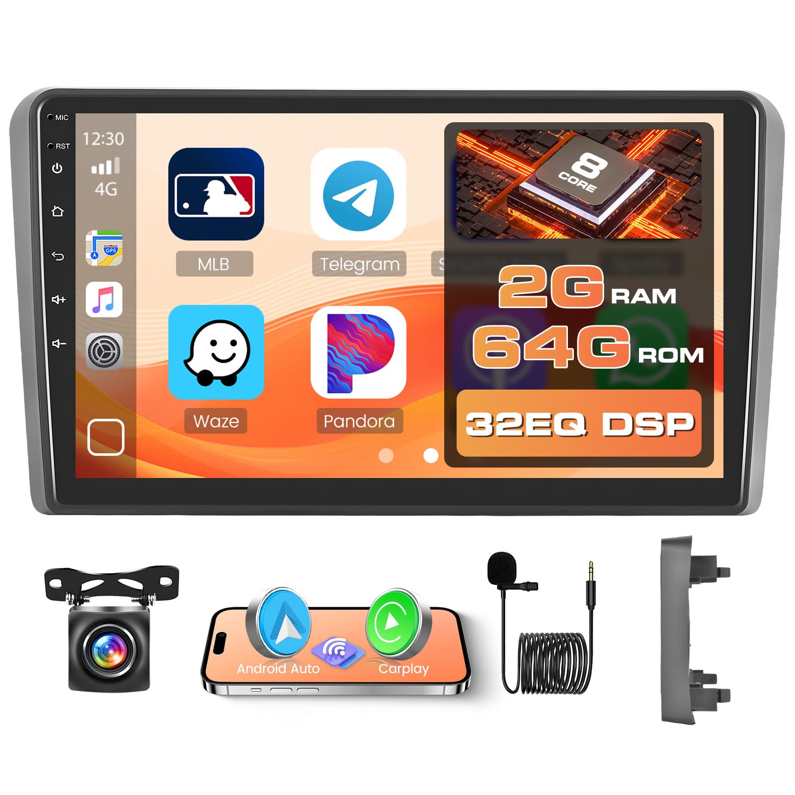 [8-Core/2G+64G] Hikity Android 15 Radio para Audi A3 S3 RS3 8P 2008-2012, 9 Pulgadas Pantalla Táctil Carplay Inalámbrico Android Auto con GPS Bluetooth FM RDS WiFi Mic Cámara Trasera