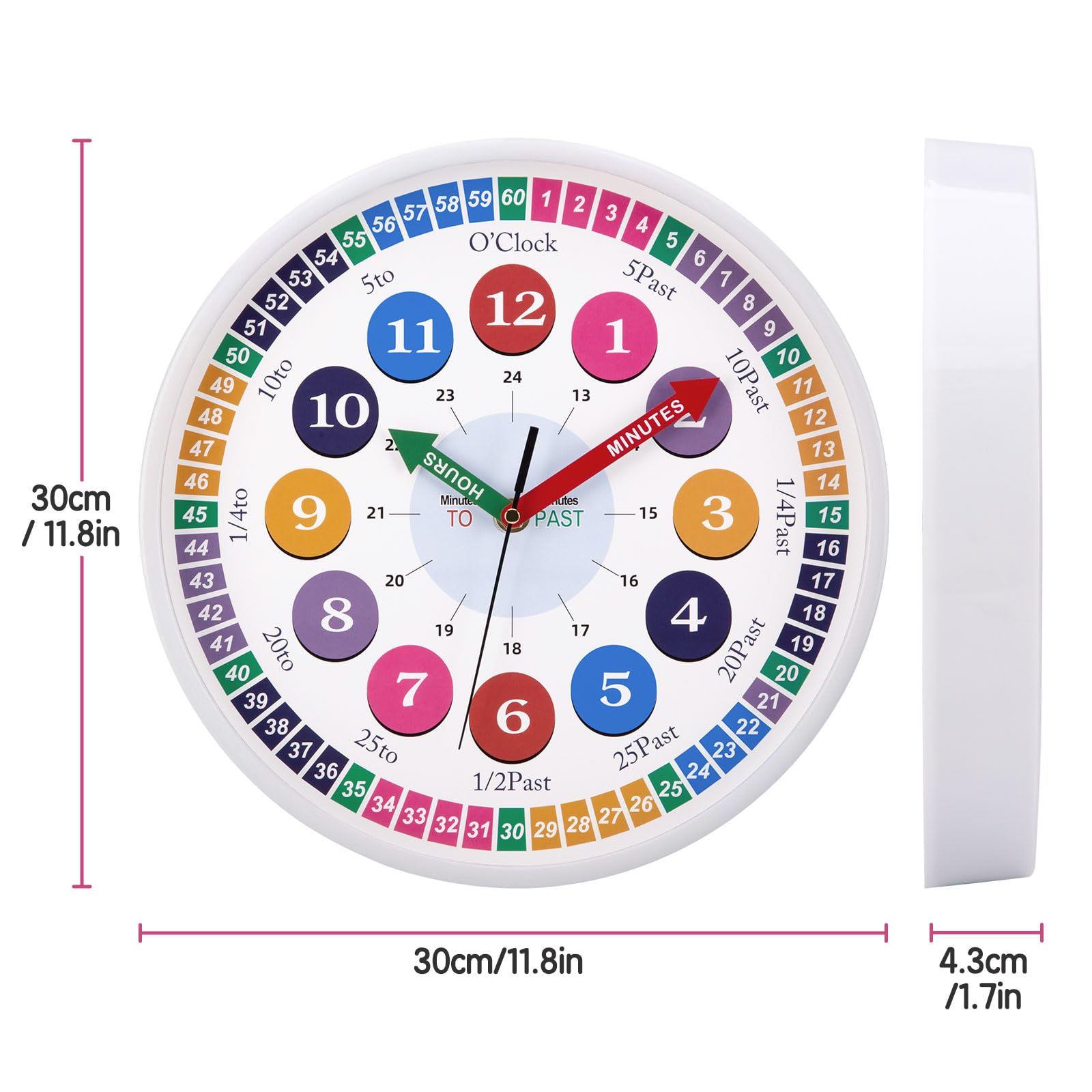 Orologio da Parete Bambini, Orologio da Muro Silenzioso 30cm, Orologio Parete Moderno, Decorazioni da Parete, Imparare a Leggere per Camera da Letto, Cameretta, Bambino