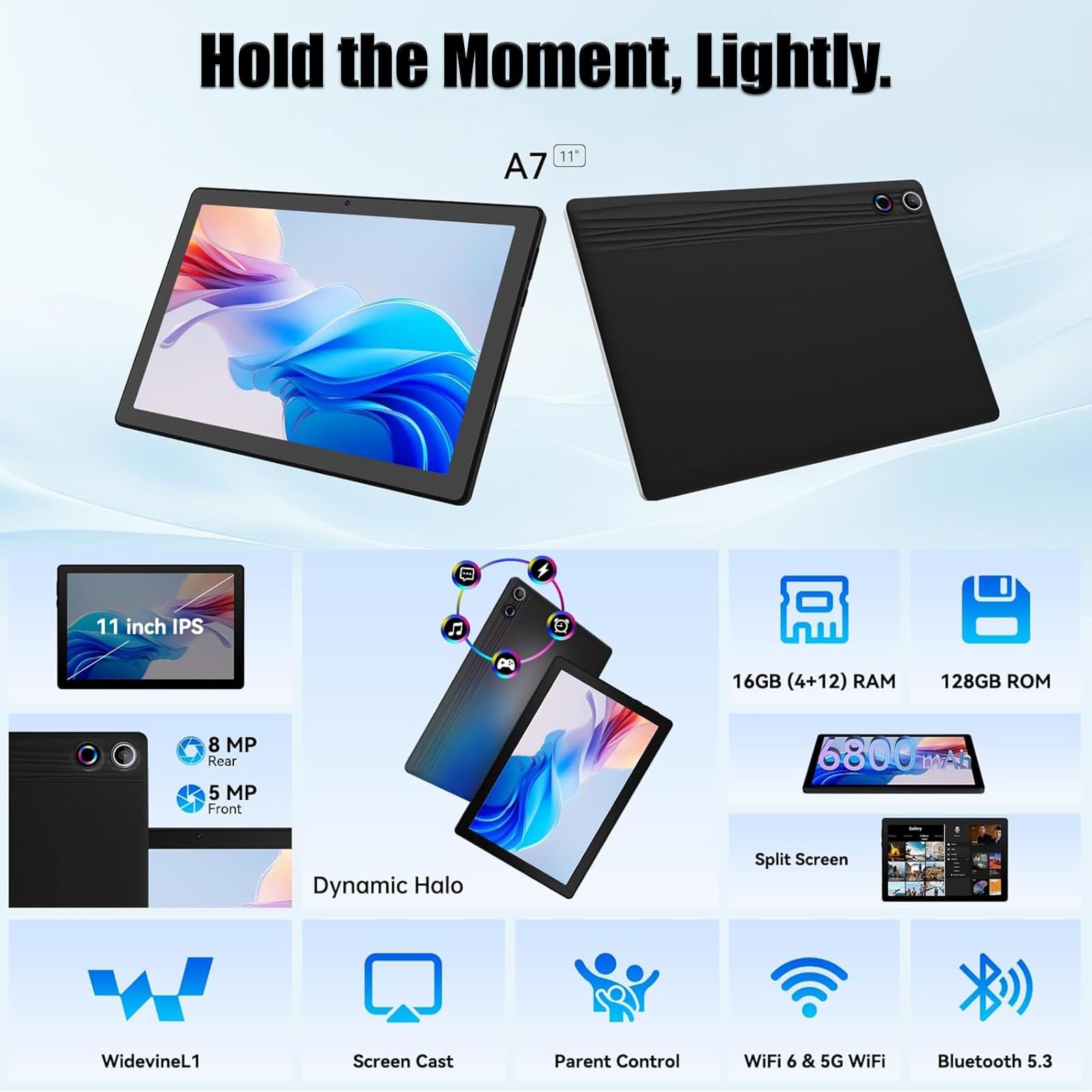 Whitedeer Tablet 11 Pulgadas Android 15, 24GB RAM+128GB ROM (1TB Expandible), Batería 6800mAh, IPS 1280×800, Octa-Core, WiFi 6+BT5.4, Widevine L1, 5MP+8MP, Reconocimiento Facial, Negro — view 2