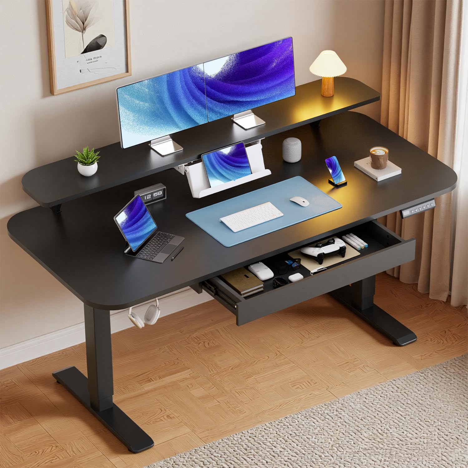 GTPLAYER Electric Standing Desk with Drawers, 55 x 24 Inches Height Adjustable Computer Desk with Monitor Stand, Laptop Stand, Home Office Sit Stand Up Desk with Memory Preset, Black