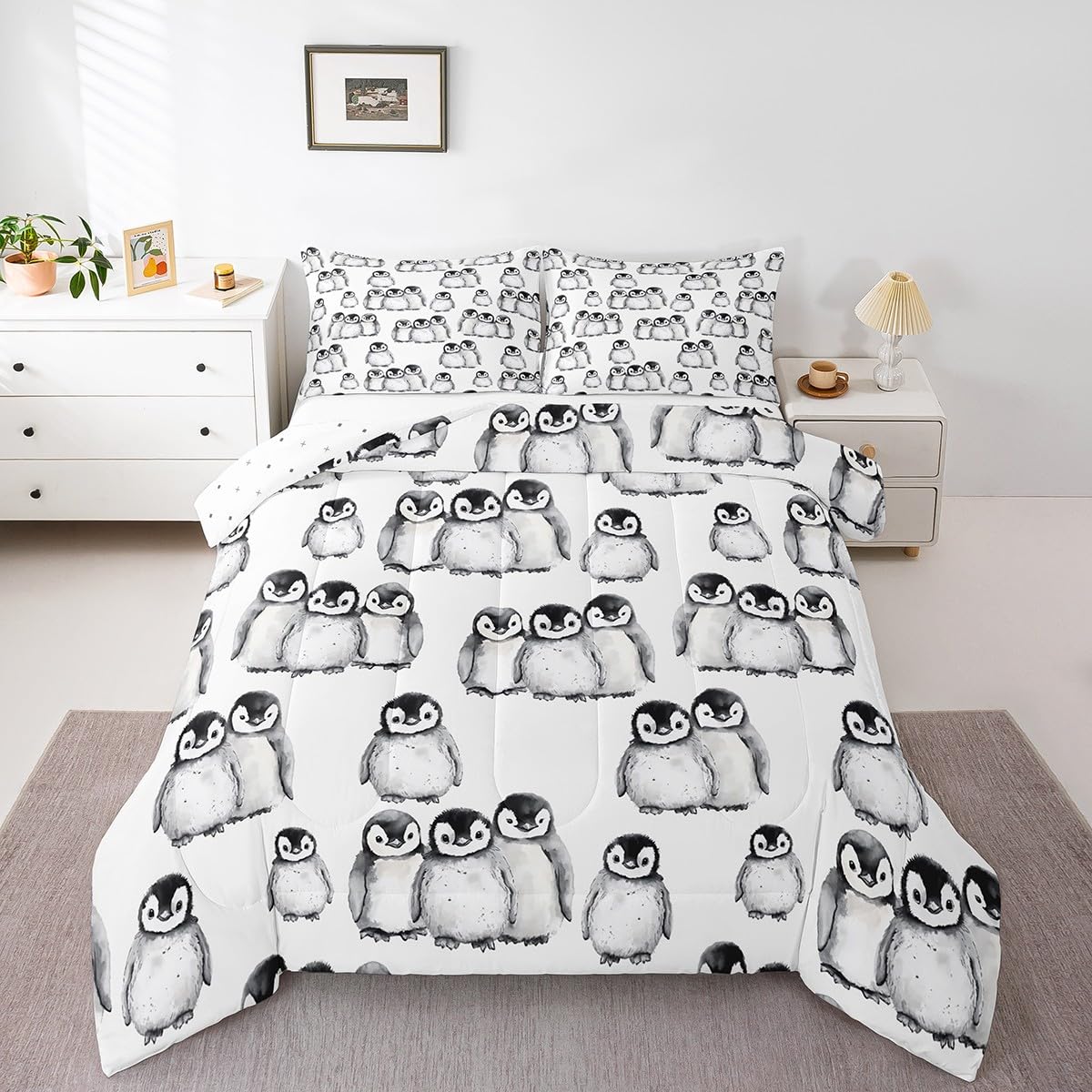 Erosebridal Penguin Comforter Set King Size for Kids Boys Girls Antarctic Animal Bedding Set Penguin Illustration Down Comforter Grey White and Black