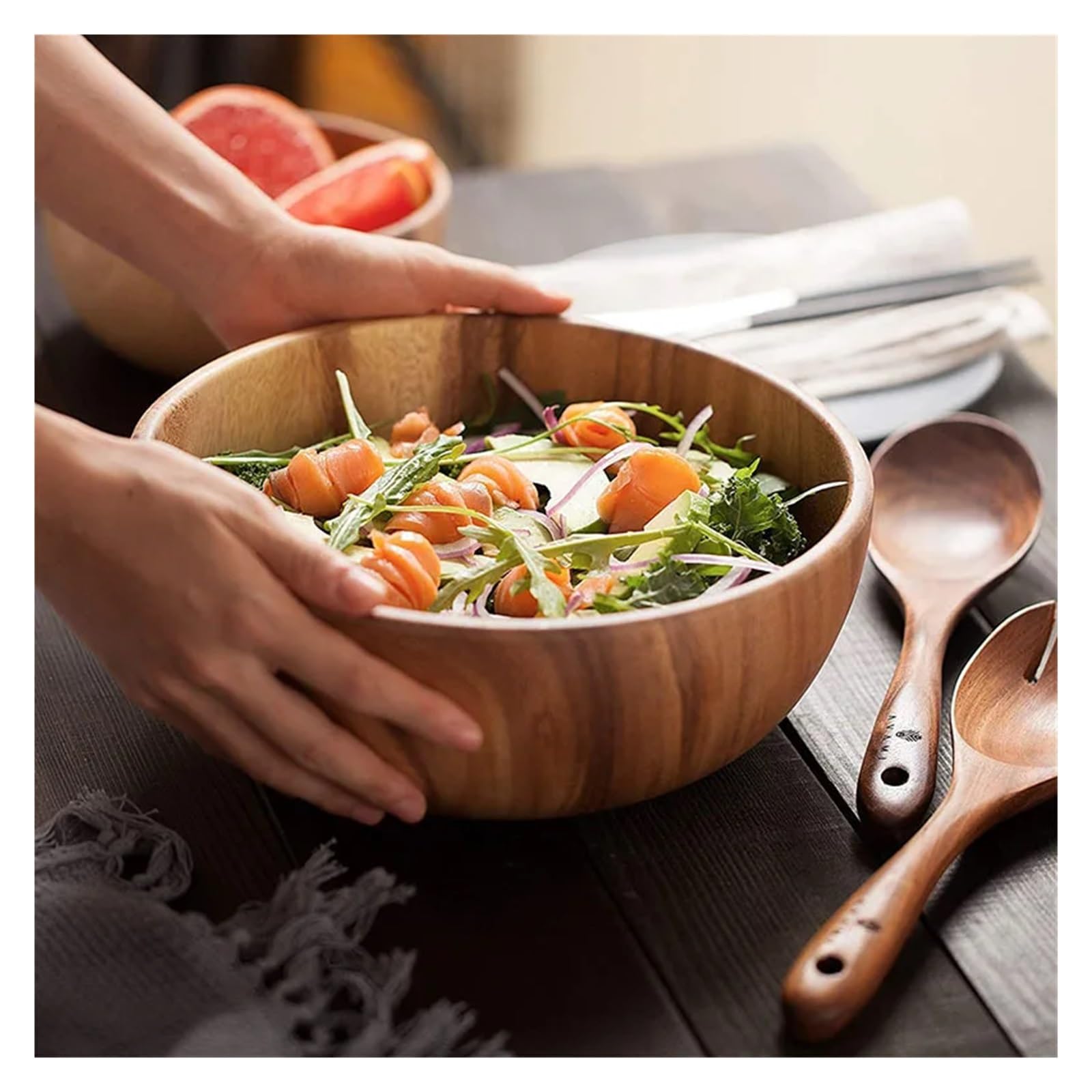 Ensaladera Cuenco de madera Vajilla Hogar y Palangana Plato frutas Ensalada Sopa entera(Bowl 22x7.5cm)