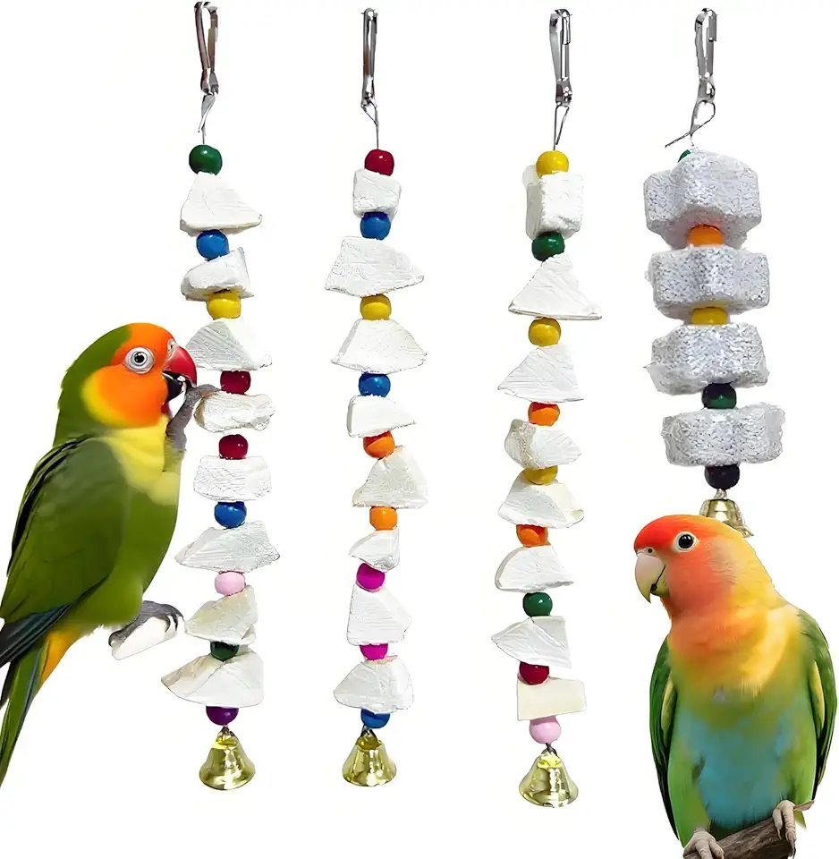 Parrot Toys 4-Pack with Cuttlebone for Birds - Calcium Chew Toys &amp; Grinding Stone for Parakeets, Budgies, Cockatiels, Lovebirds - Promotes Beak Health, Prevents Destructive Chewing, Easy to Instal