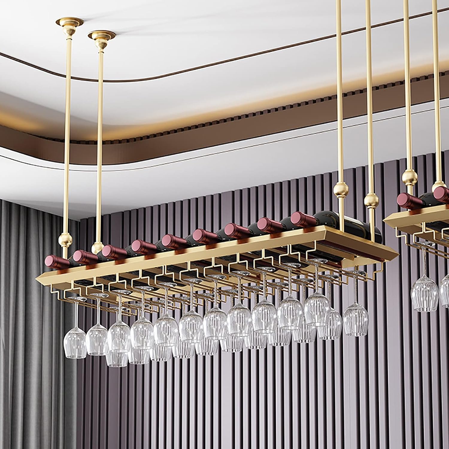 Hanging Wine Glass Holder Industrial Metal Wine Bottle Shelf,Ceiling Wine Rack,Adjustable Height,Wine Glass Holder,Restaurants/Bars/Home Display Stand