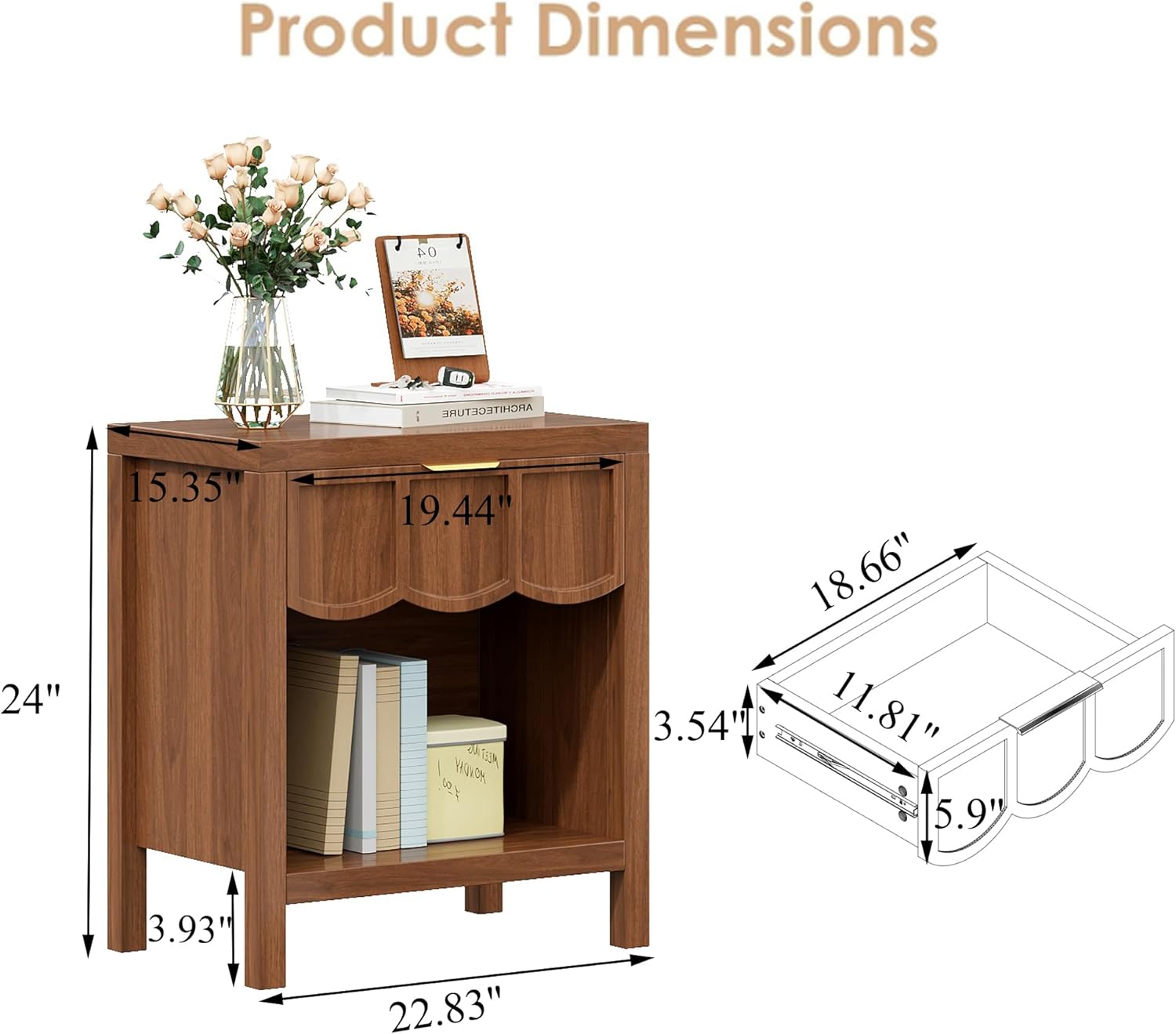 24" Nightstand Set of 2, Solid Wood End Table with Wave Panel Drawer, Mid Century Modern Chest of Drawers, Wooden Side Table Bedside Table for Bedroom, Living Room, Small Space, Walnut Oak