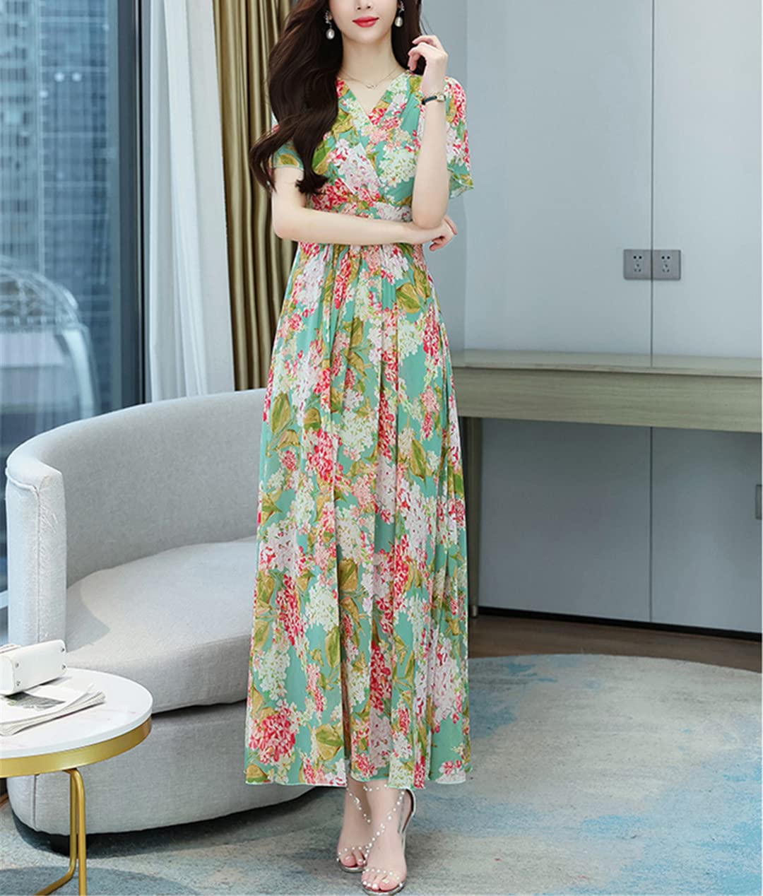 Abito estivo da donna, lungo, in chiffon, floreale, con scollo a V, per feste