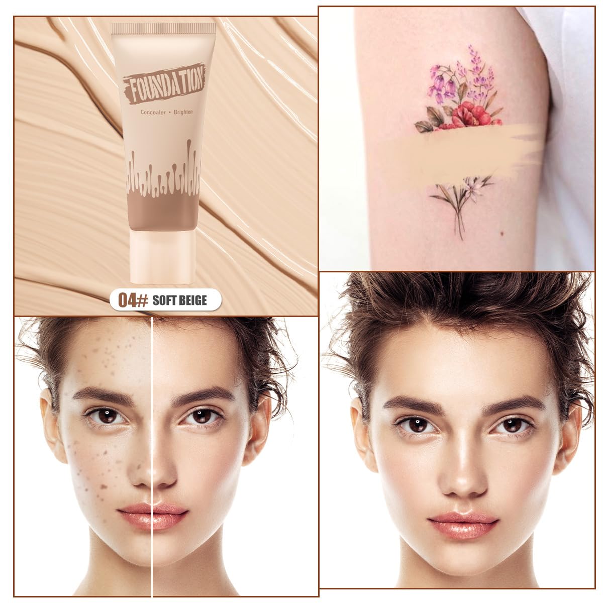 Full Coverage Foundation - Waterproof Concealer for Tattoo, Acne Scars & Dark Circles - Long-Lasting Face Makeup with Natural Finish - All Day Wear 35ml/1.19fl.oz (04#SOFT BEIGE)