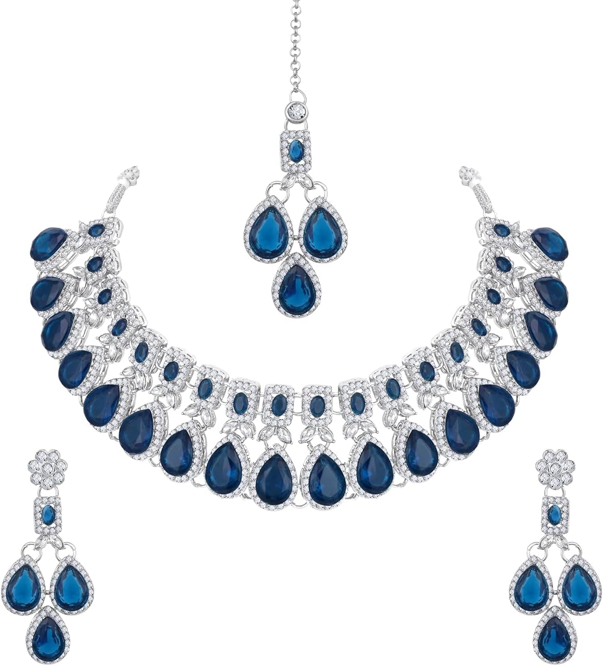 Parshwa Creation Indian Bollywood Silver Plated Jewelry Set, Wedding & Bridal Choker Necklace, Earrings & Tikka Fashion Jewelry For Women, Engagement & Party Wear Alloy, Resin Beads, Rhinestone Jewelry Set
