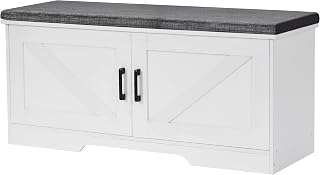 HOMSHO 2-Tier Shoe Storage Bench with Padded Cushion, Barn Doors & Adjustable Shelf - 39.4" White Entryway Organizer