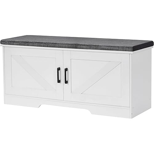 2-Tier Storage Bench, 39.4" Wide Shoe Bench with Padded Seat Cushion, Entryway Bench with 2 Barn Doors and Adjustable Shelf, White
