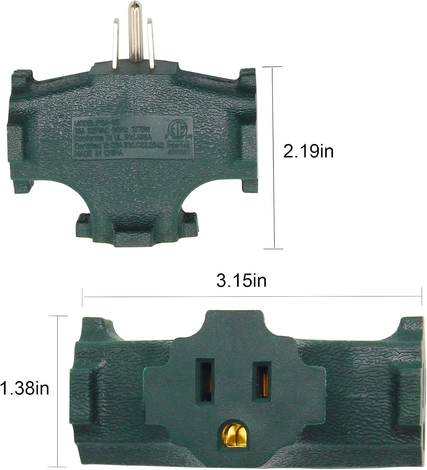 ETL Listed 3 Outlet Grounding Adapter, BTU Three Plug Outlet Adapter Splitter, Heavy Duty Grounded Power Tap, 3-Prong Outlet Adapter, Multi-Plug Extender, Green (Pack of 3)