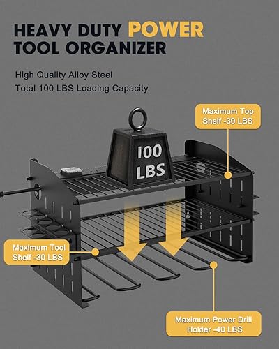 Miniatura 6 de WellMall Organizador de herramientas eléctricas con estación de carga de 3 capas de montaje en pared, organizador de herramientas eléctricas con