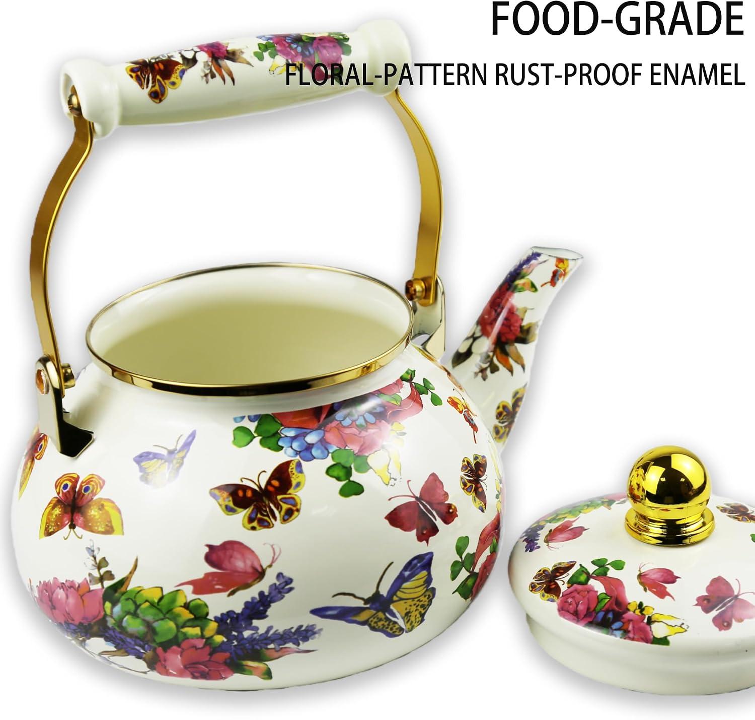 Vintage Butterfly Floral Enamel Tea Kettle, 2.5L Stovetop Teapot with Porcelain Handle, Induction/Gas Stove Compatible, Decorative Kitchen Coffee Kettle Ideal for Housewarming/Christmas Gift